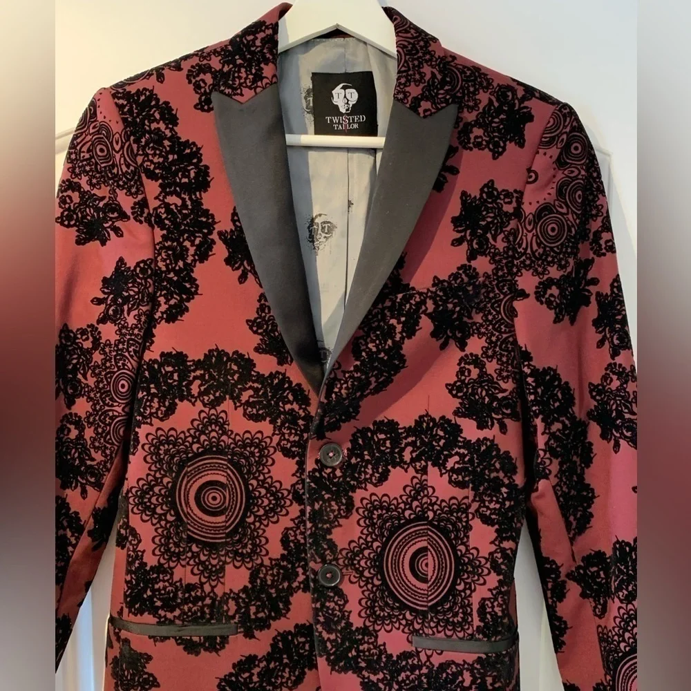 Twisted Tailor Blazer Men Sz 34R Black Burgundy Textured Velvet Dandy Old Money - Picture 2 of 16
